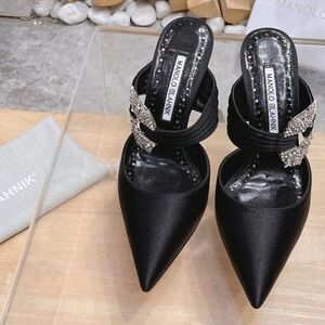 Women's Manolo Blahnik Black Satin Pointed-Toe Heeled Mules with Crystal Detail